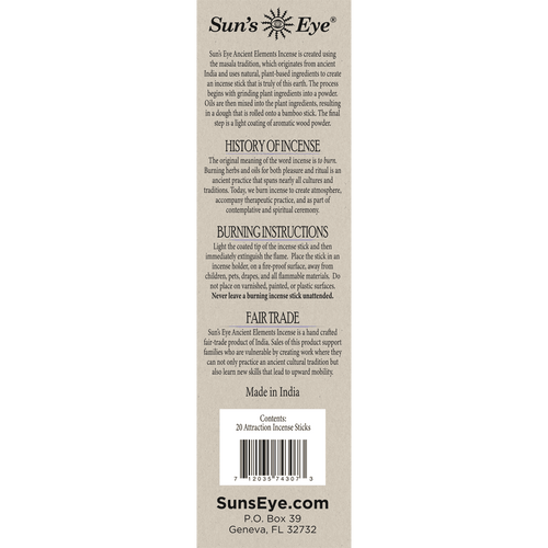 Back label of Sun's Eye incense packaging with text and branding.