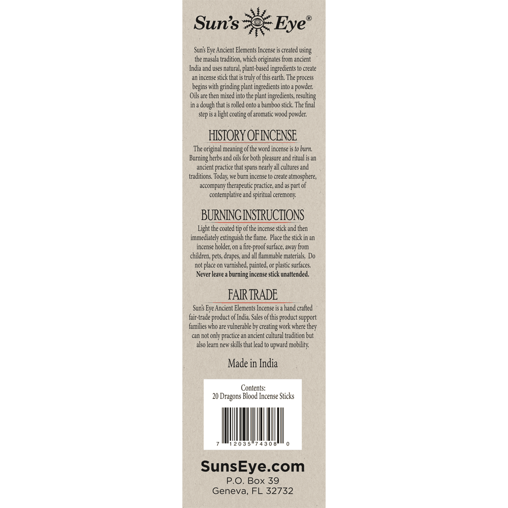 Back label of Sun's Eye incense packaging with text and branding.