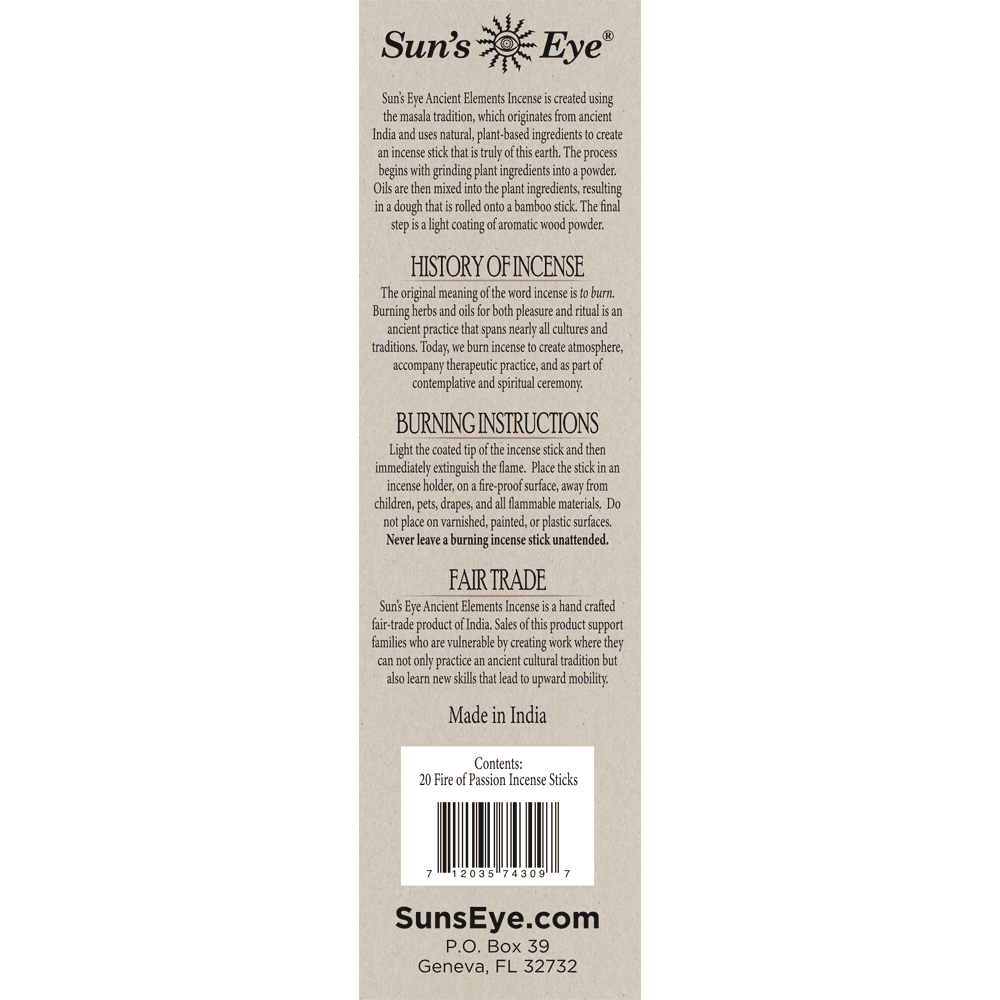 Back label of Sun's Eye incense packaging with text and branding.