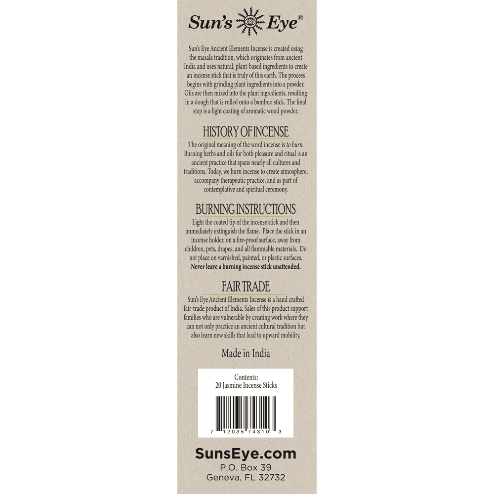 Back label of Sun's Eye incense packaging with text and branding.