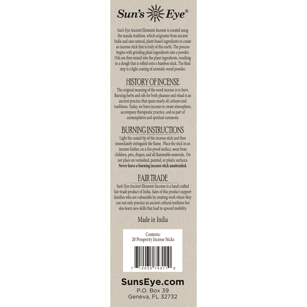 Back label of Sun's Eye Prosperity incense packaging with text and branding.