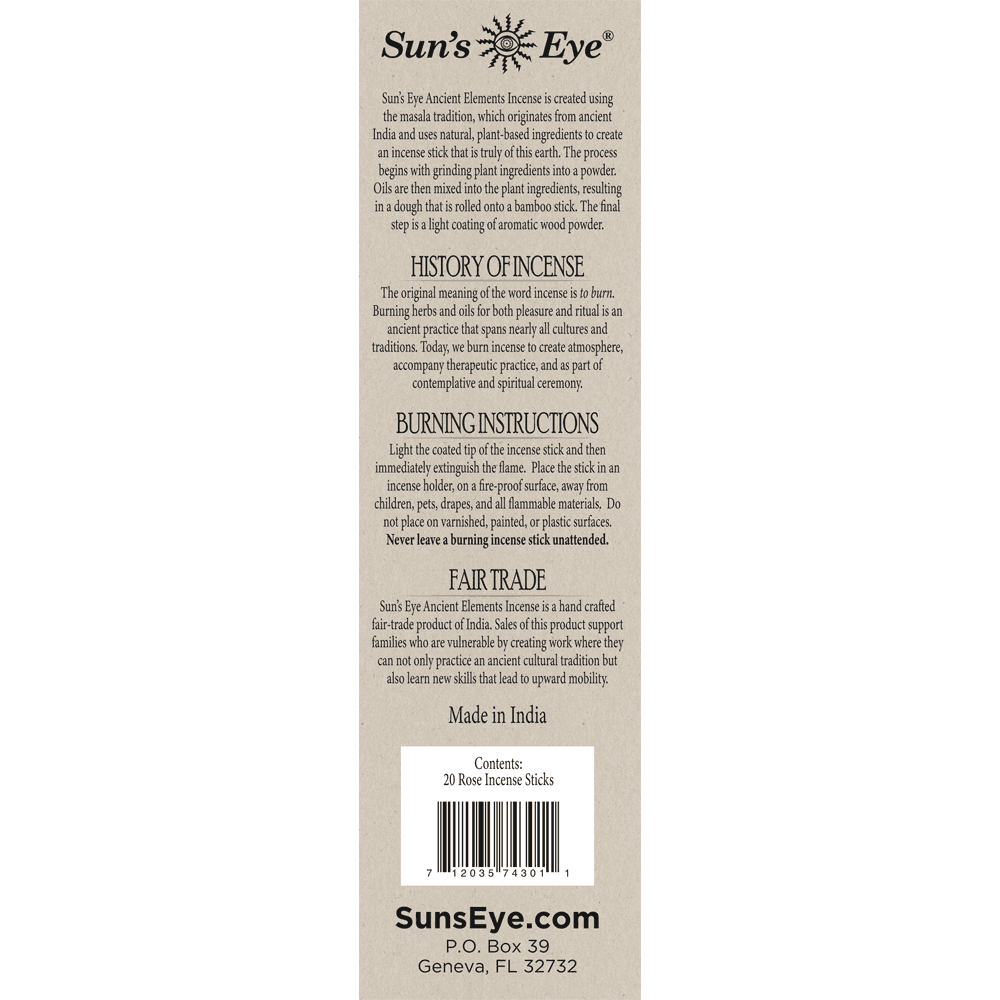 Back label of Sun's Eye incense sticks with text and branding.
