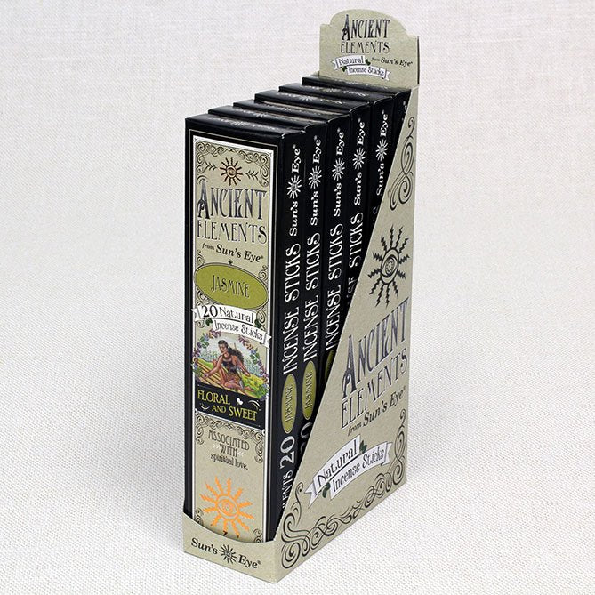 Packaging of 'Ancient Elements' Jasmine incense sticks on a white background. 6 Pack of 120 sticks