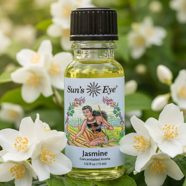 Bottle of Sun's Eye Jasmine concentrated aroma on a light gray background