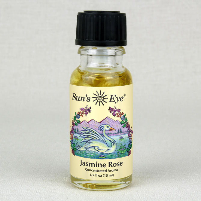 Bottle of Sun's Eye Jasmine Rose concentrated aroma on a light gray background