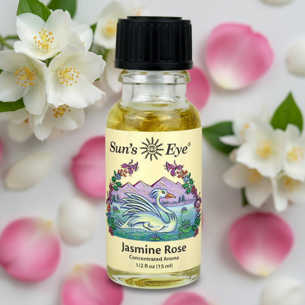 Sun's Eye Jasmine Rose concentrated aroma bottle with flowers and petals in the background