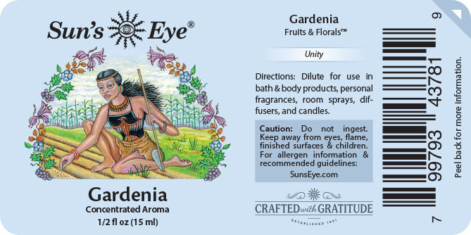 Sun's Eye Gardenia concentrated aroma label with artistic design and text.