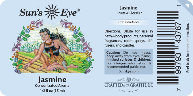 Sun's Eye Jasmine fragrance label with artistic design and text.