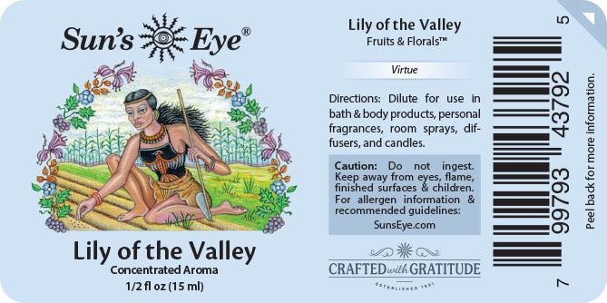 Sun's Eye Lily of the Valley concentrated aroma label with illustration and text.