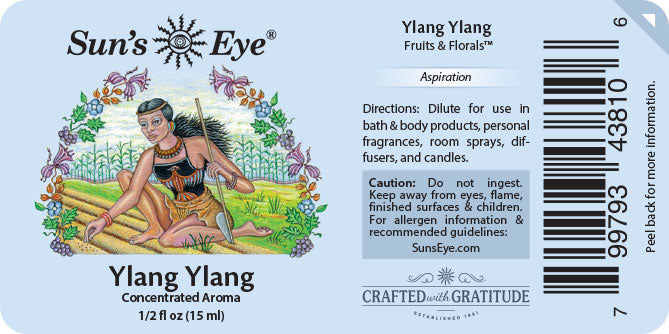 Sun's Eye Ylang Ylang label with artistic depiction of a woman and floral elements.
