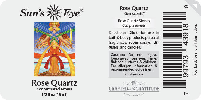 Sun's Eye Rose Quartz gemstone label with artistic depiction and text.