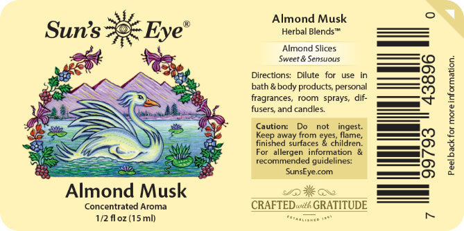 Sun's Eye Almond Musk herbal blends label with swan illustration and product details.