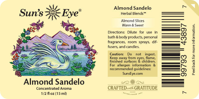 Sun's Eye Almond Sandelo herbal blends label with swan illustration and product details.