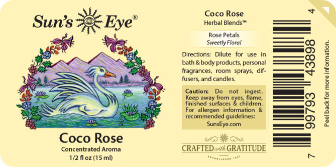 Sun's Eye Coco Rose Herbal Blends label with swan illustration and product details.