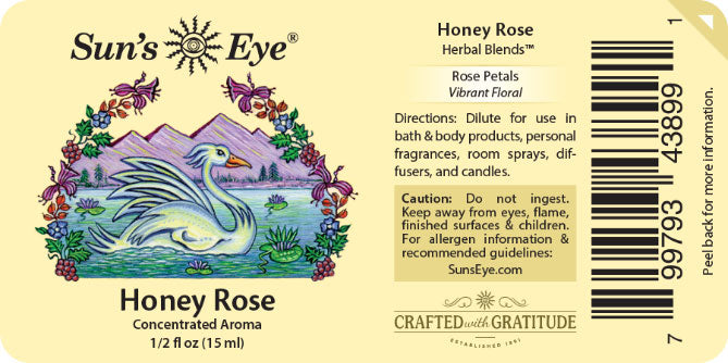 Sun's Eye Honey Rose herbal blends label with swan illustration and product details.