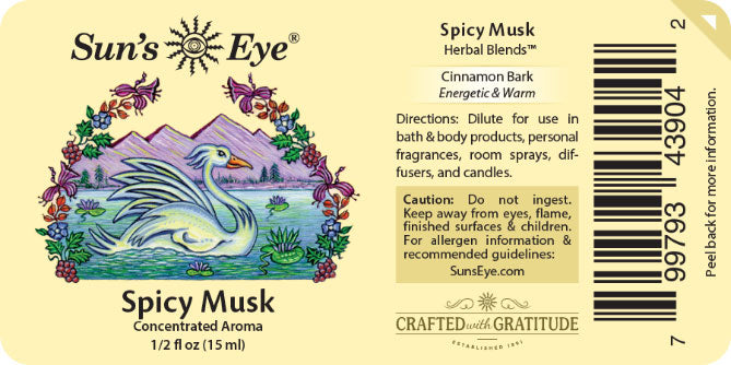 Sun's Eye Spicy Musk herbal blends label with swan illustration and product details.