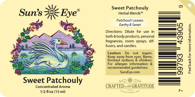 Sun's Eye Sweet Patchouly herbal blend label with swan illustration and product details.