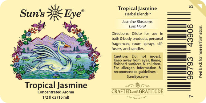 Sun's Eye Tropical Jasmine herbal blends label with swan illustration and product details.
