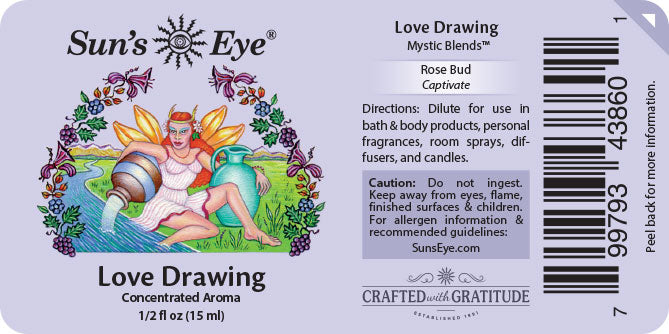 Front and back of a Sun's Eye fragrance label for 'Love Drawing' by Mystic Blends, showing a colorful illustration of a woman with roses and grapes on the left and product details, directions, a barcode, and the 'Crafted with Gratitude' mark on a light lavender background.