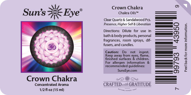 Label of Sun's Eye Crown Chakra Chakra Oil with colorful design and text.