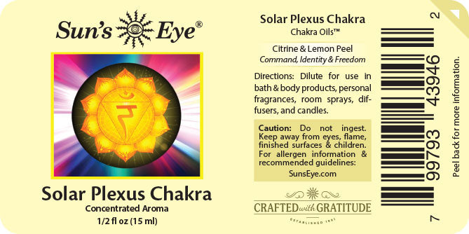 Label of Sun's Eye Solar Plexus Chakra oil with colorful design and text.