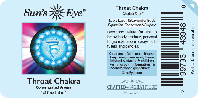 Label for Sun's Eye Throat Chakra Chakra Oil with colorful design and text.