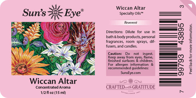 Pink Sun's Eye Wiccan Altar Specialty Oils label for 'Reverent' concentrated aroma, showing a colorful floral illustration, product text, directions, barcode, and fragrance guidelines.