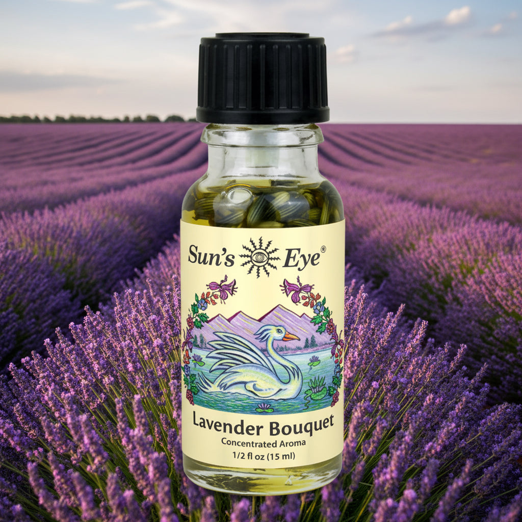 Bottle of Sun's Eye Lavender Bouquet concentrated aroma on a gray background