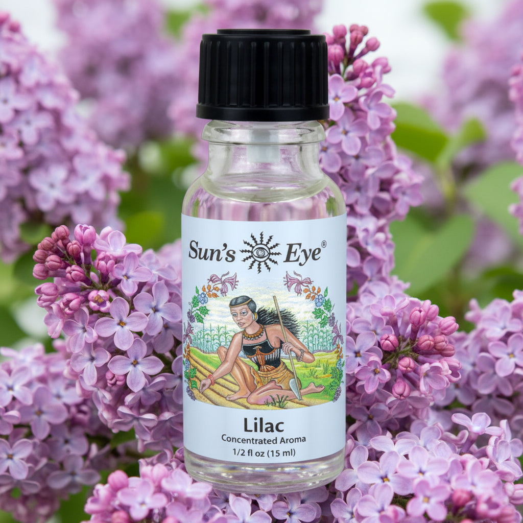 Bottle of Sun's Eye Lilac concentrated aroma on a gray background