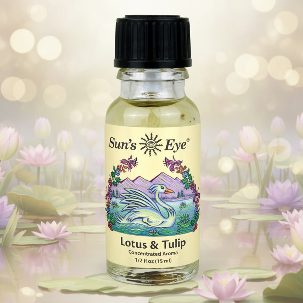 Bottle of Sun's Eye Lotus & Tulip concentrated aroma on a light gray background