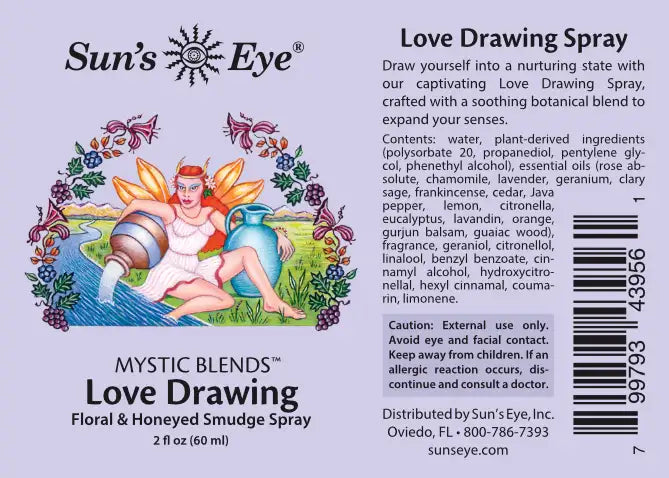 Label of Sun's Eye Love Drawing spray with fairy illustration and product details.