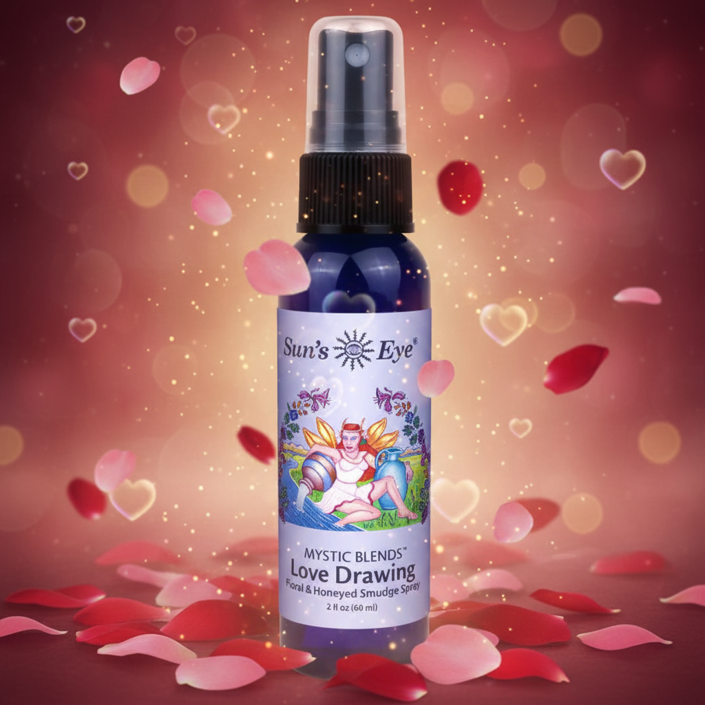 Sun's Eye Mystic Blends Love Drawing product with heart and flower background