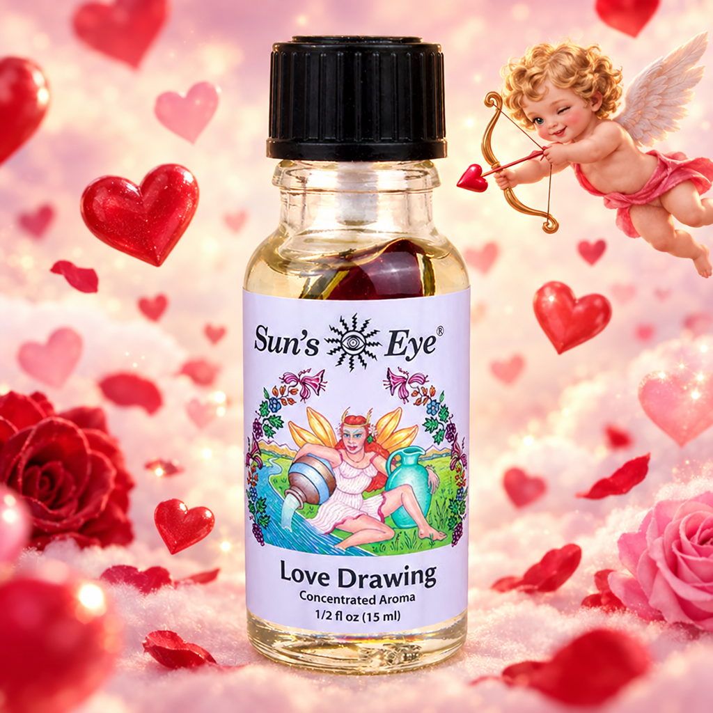 Bottle of Sun's Eye Love Drawing concentrated aroma on a light gray background
