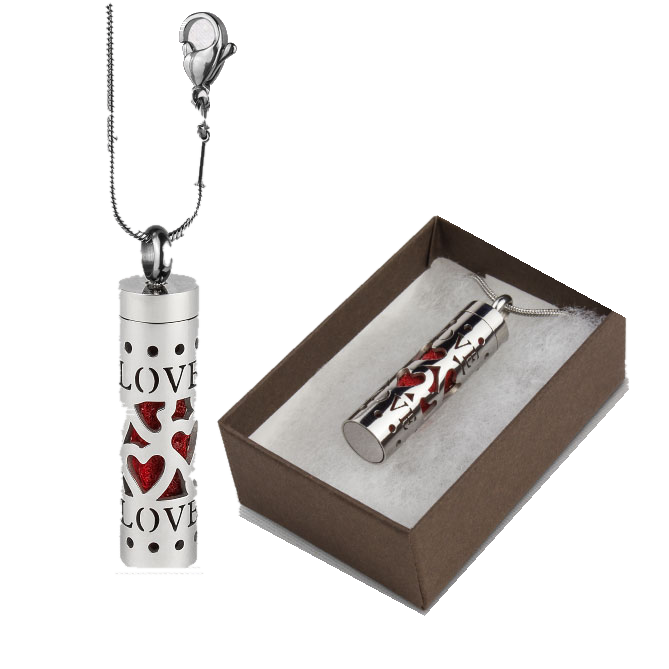 Silver cylindrical pendant with heart designs and 'LOVE' text, displayed with a brown box on a light gray background.