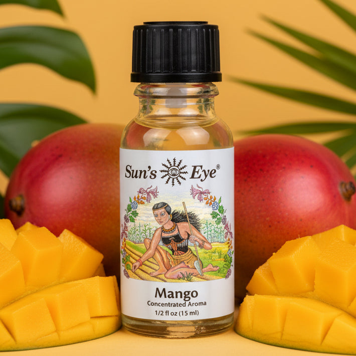 Bottle of Sun's Eye Mango concentrated aroma on a mango background