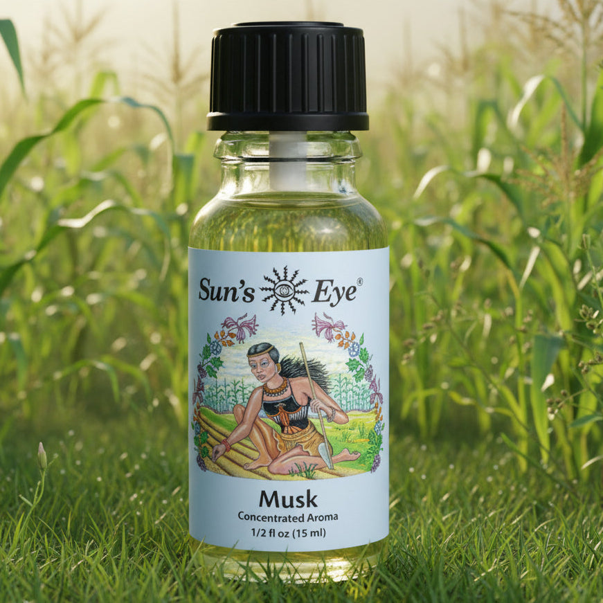 Bottle of Sun's Eye Musk concentrated aroma on a light gray background