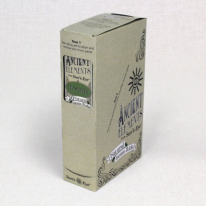 Box of 'Ancient Elements' Prosperity incense sticks on a white background 6-pack.