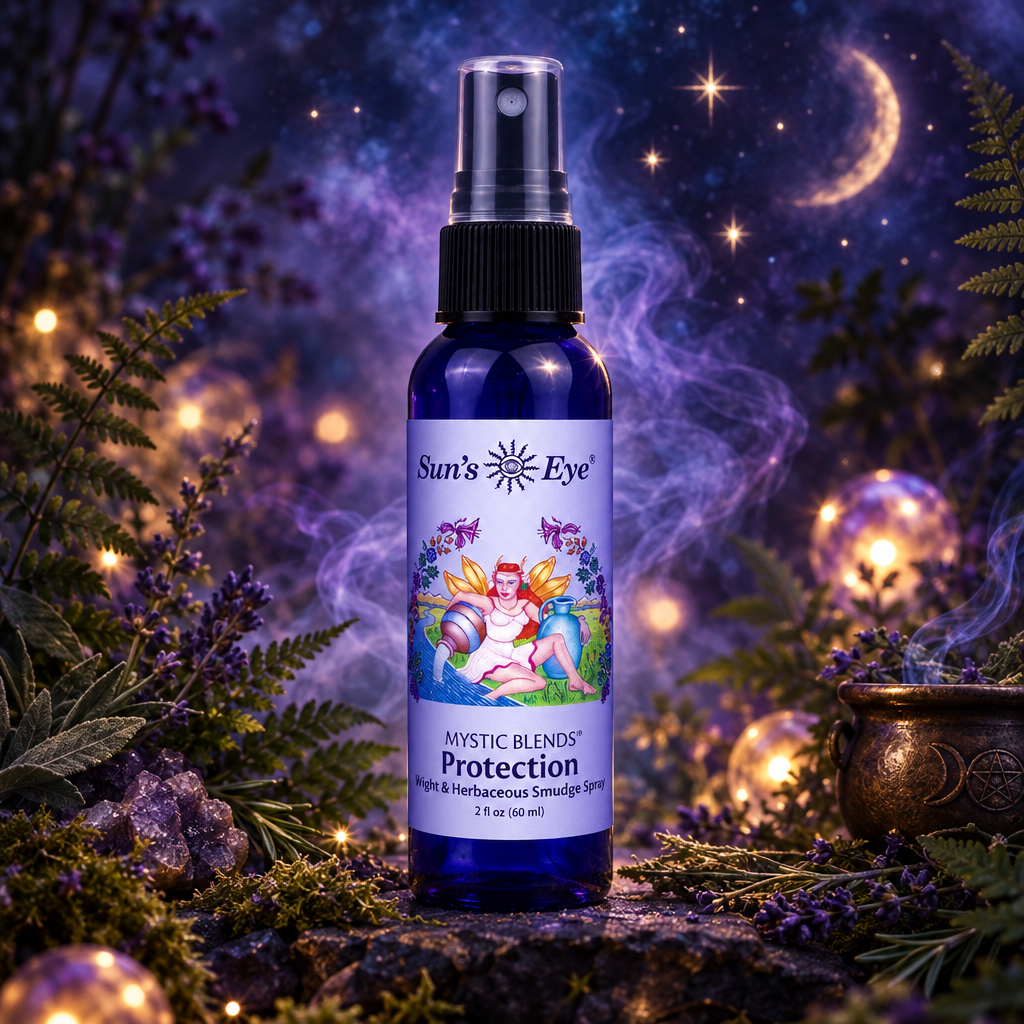 A cobalt blue spray bottle labeled 'Sun's Eye' and 'Mystic Blends Protection' stands centered against a mystical fantasy background with a crescent moon, stars, glowing orbs, and purple foliage.