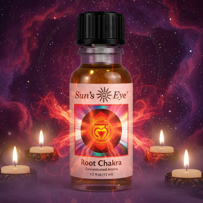Bottle of Sun's Eye Root Chakra concentrated aroma on a light gray background