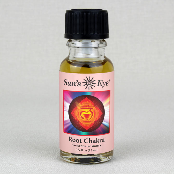 Bottle of Sun's Eye Root Chakra concentrated aroma on a light gray background
