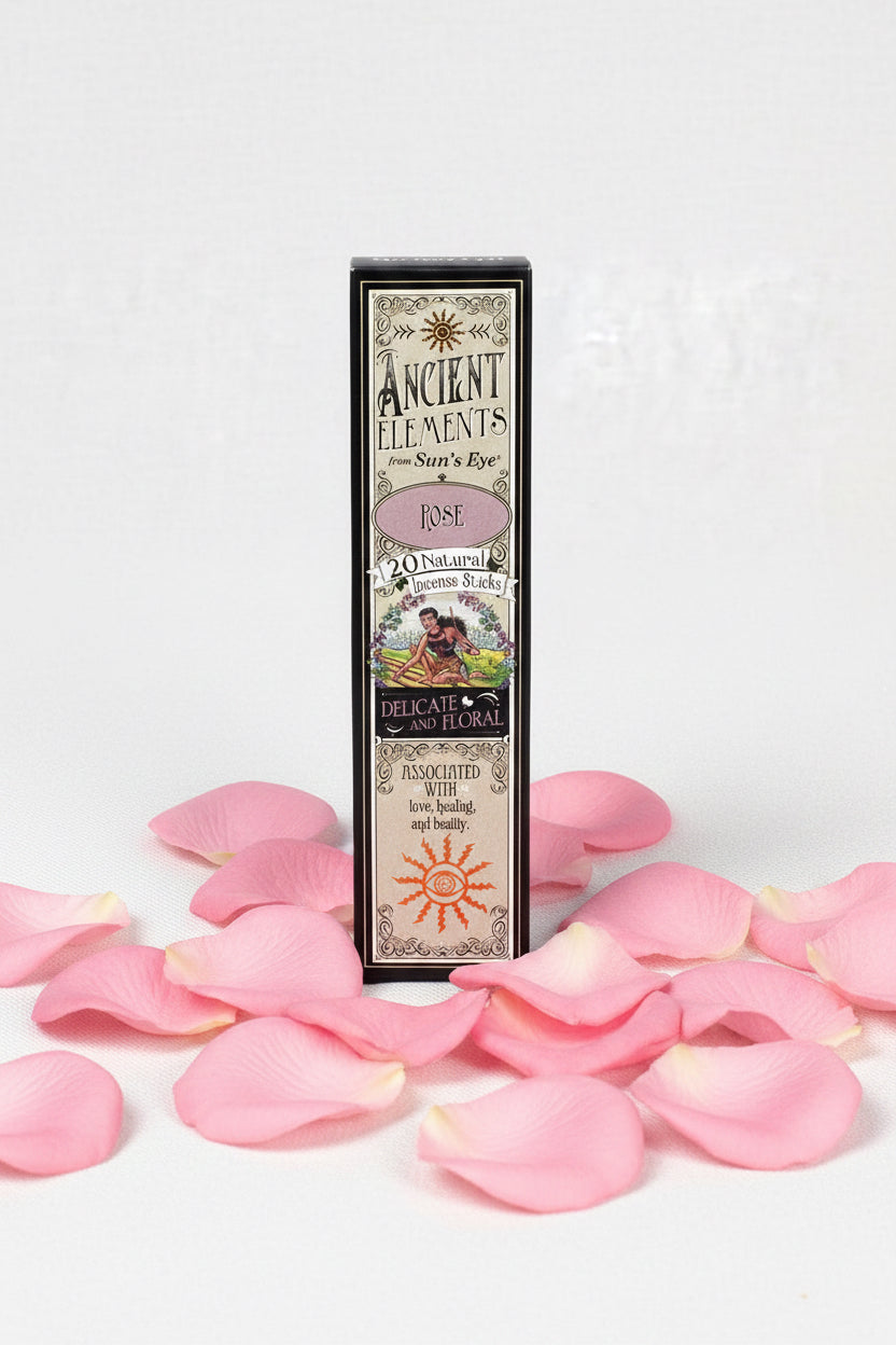 Box of 'Ancient Elements' incense sticks with decorative design on a white background