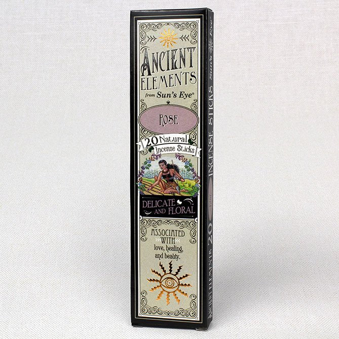 Box of 'Ancient Elements' incense sticks with decorative design on a white background