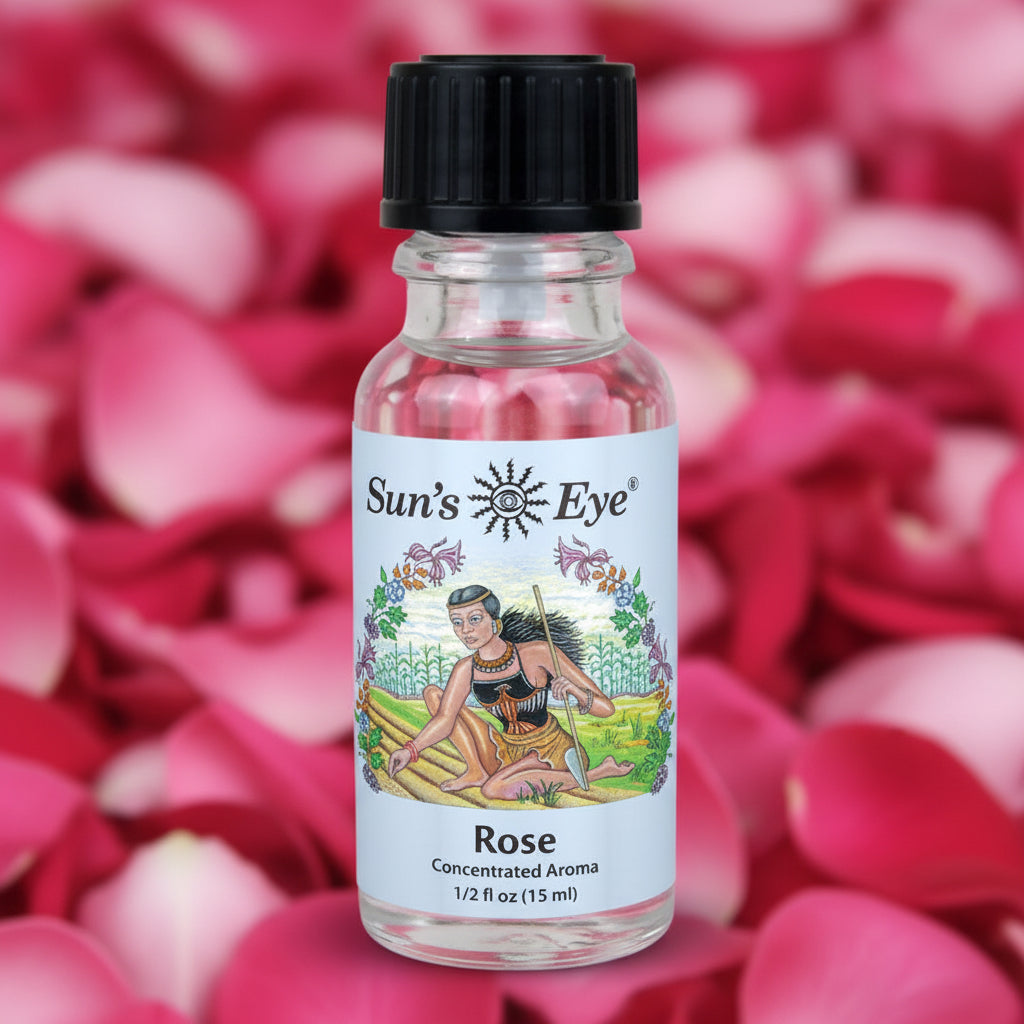 Bottle of Sun's Eye Rose concentrated aroma on a light gray background