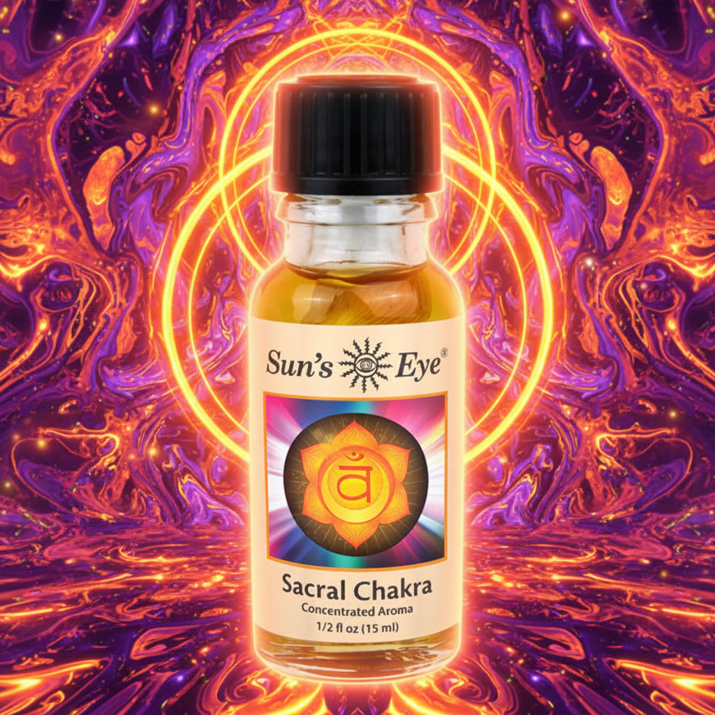 Bottle of Sun's Eye Sacral Chakra concentrated aroma on a light gray background