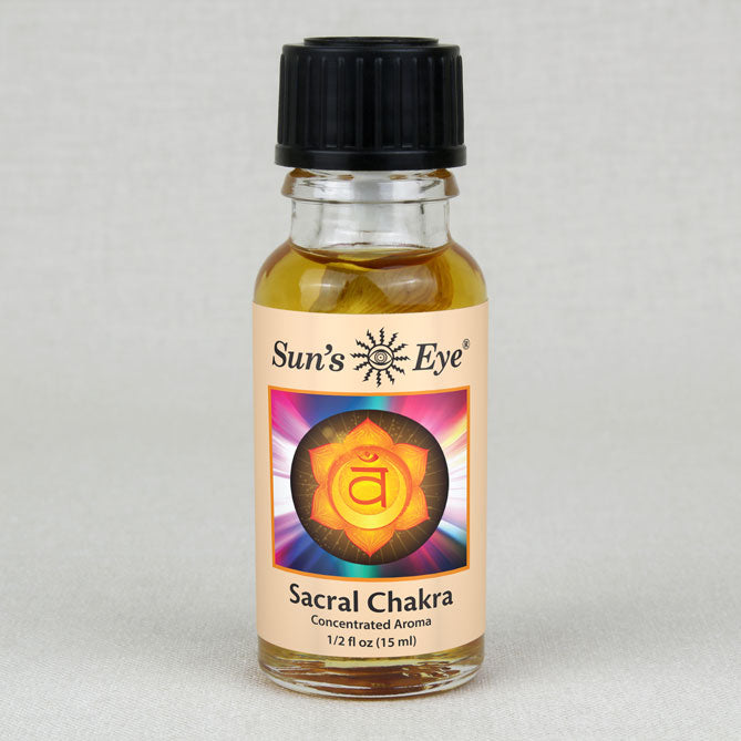 Bottle of Sun's Eye Sacral Chakra concentrated aroma on a light gray background