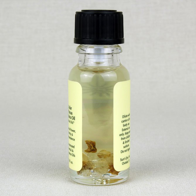 Small glass bottle with a black cap and yellow label on a gray background