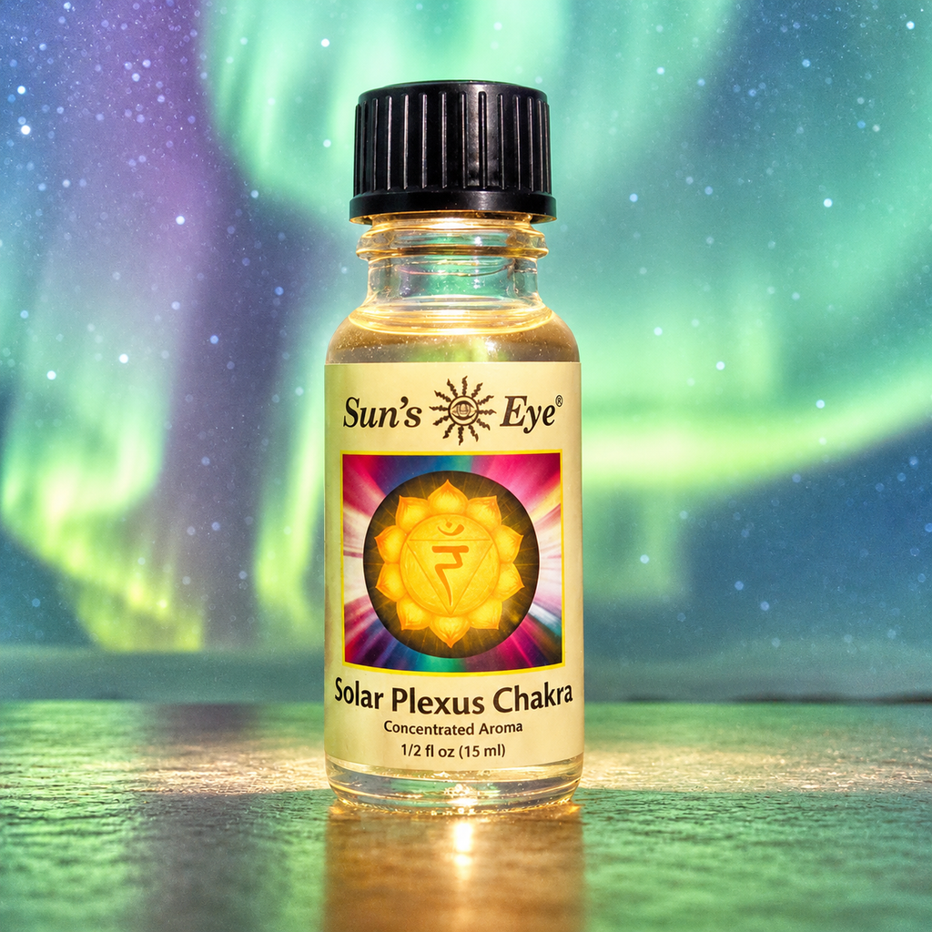 Bottle of Sun's Eye Solar Plexus Chakra aroma with a colorful Northern Lights background