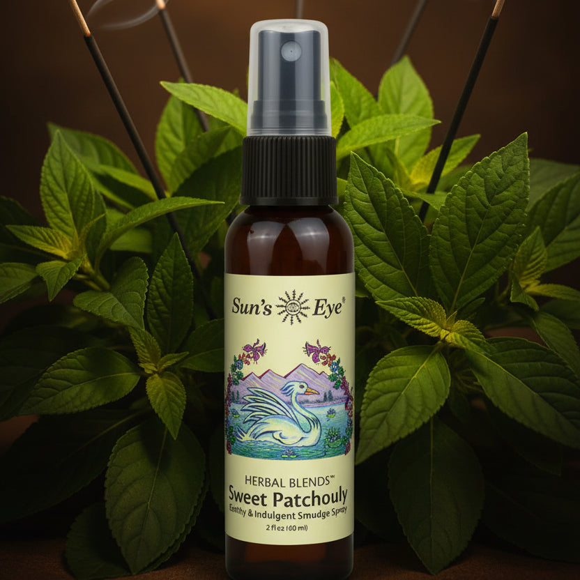 Bottle of Sun's Eye Sweet Patchouly spray on a lpatchouly leave background