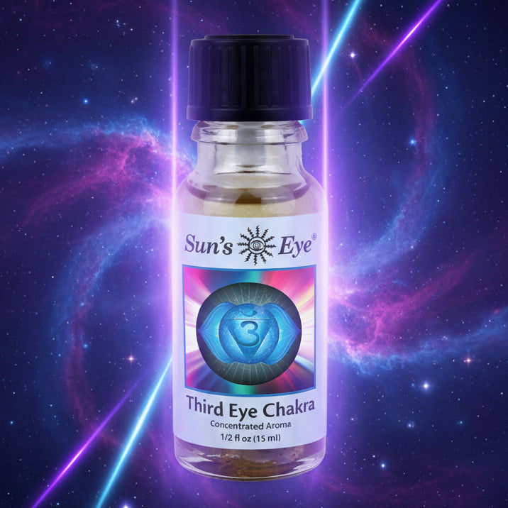 Bottle of Sun's Eye Third Eye Chakra concentrate aroma on a light gray background