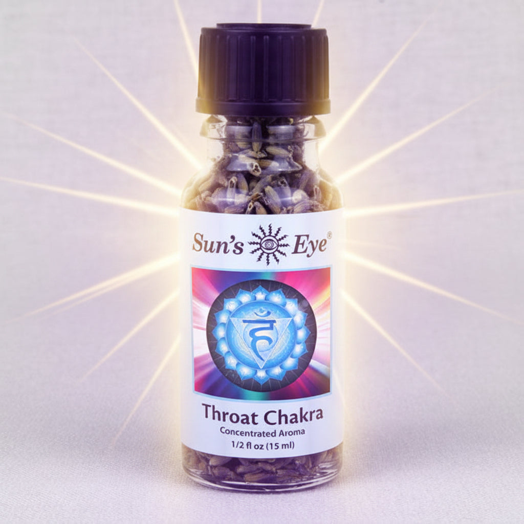Bottle of Sun's Eye Throat Chakra concentrate aroma on a light gray background